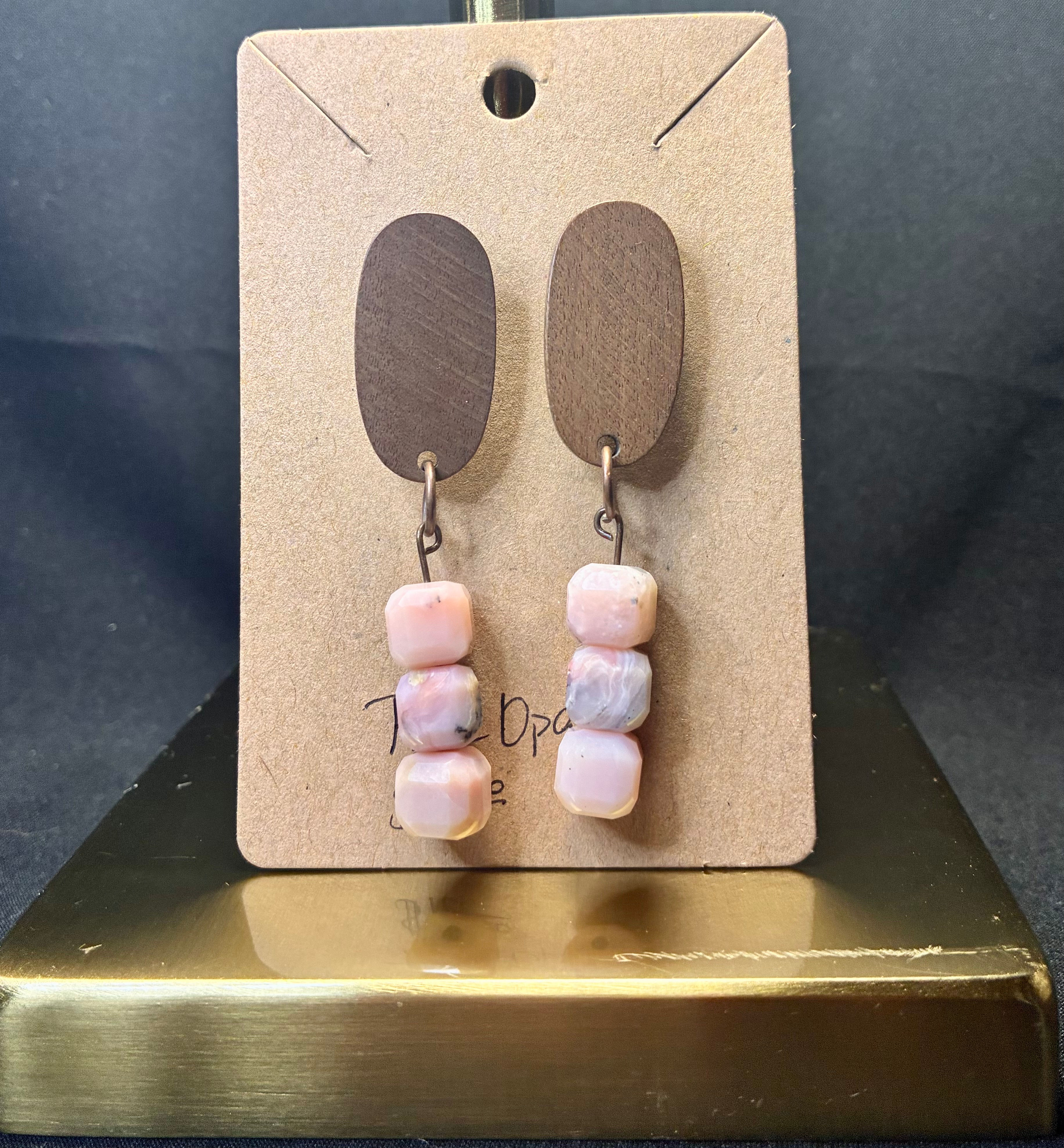 Wood & Pink Opal Earrings