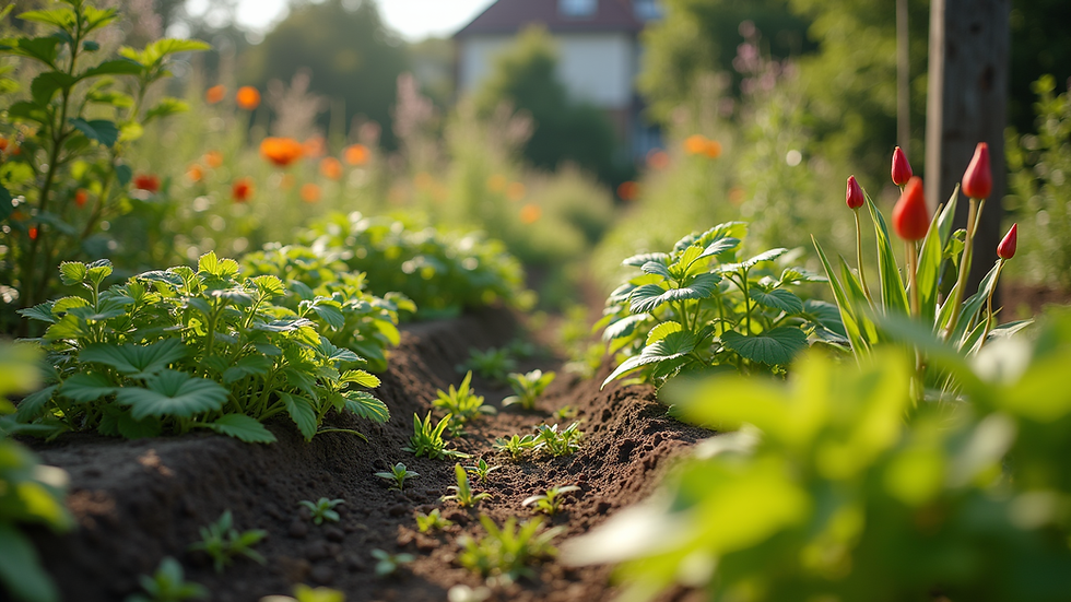 Eye-level view of a vibrant community garden with diverse plants