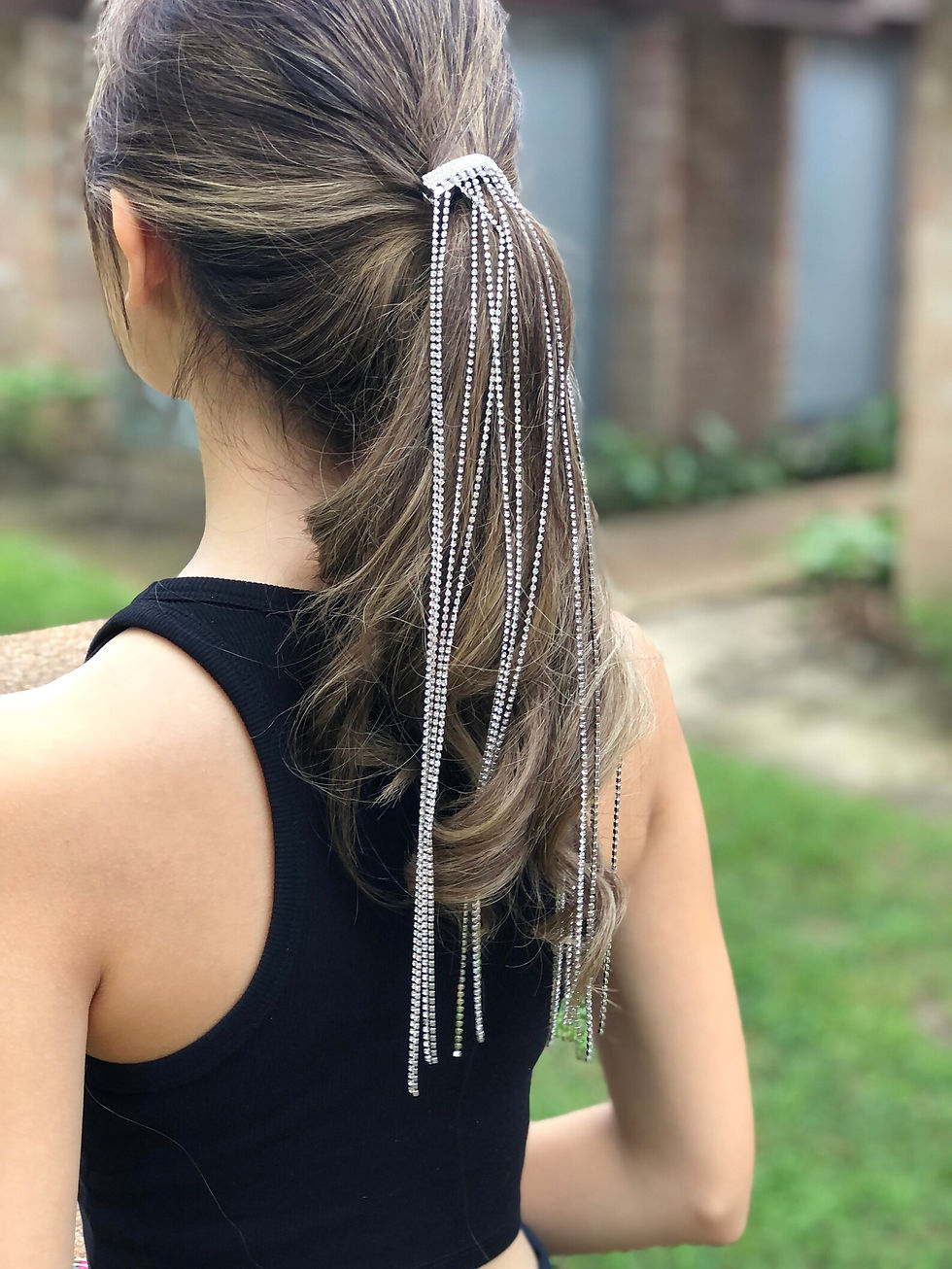 Thumbnail: Ponytail band Rhinestones Long Chain Tassel Hairwear