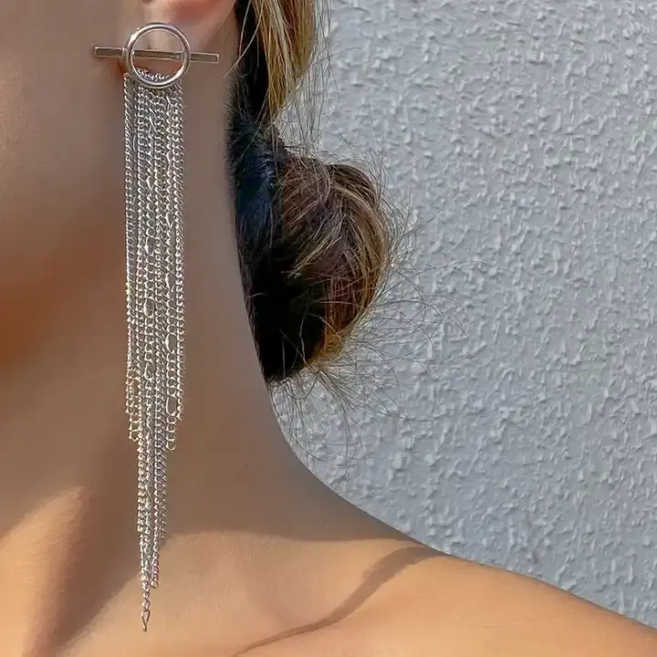 Chain Tassel Long Drop Earrings (Silver)
