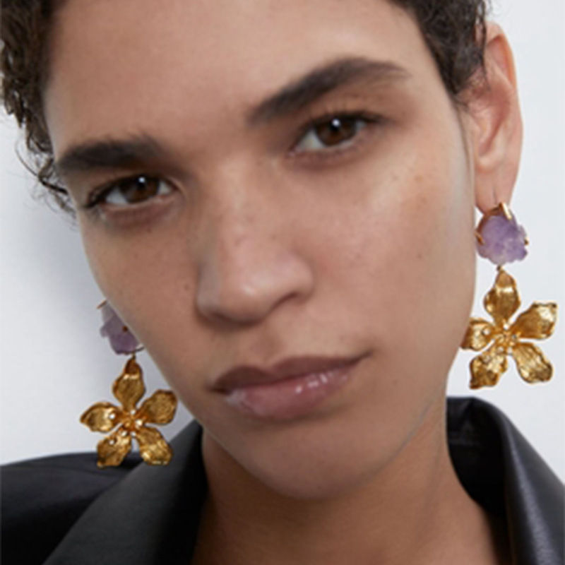 Thumbnail: My Purple Stone & Gold Flower Dangles