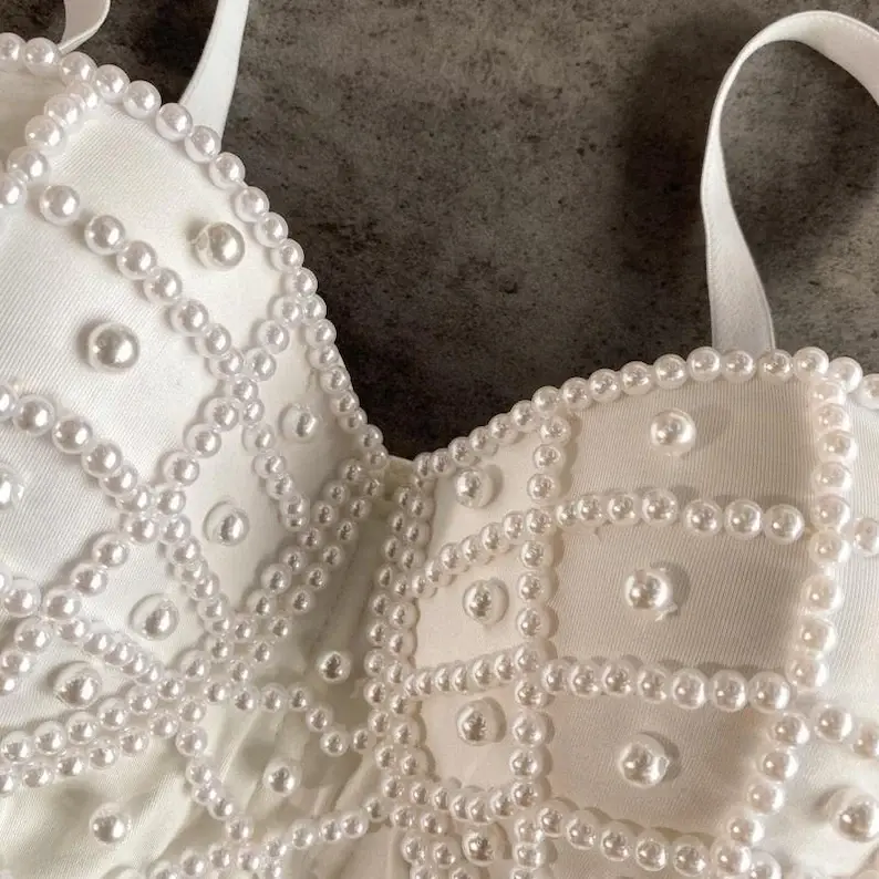 Thumbnail: Hand made Bejeweled Pearls Crop Top (White)