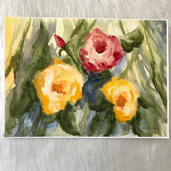 Thumbnail: Yellow and Red Garden Roses Original Watercolor Painting