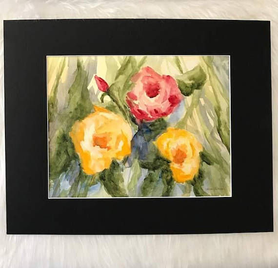 Thumbnail: Yellow and Red Garden Roses Original Watercolor Painting