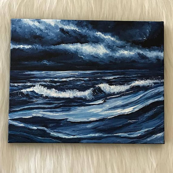 Thumbnail: Moonlight Shore Waves Original Oil Painting