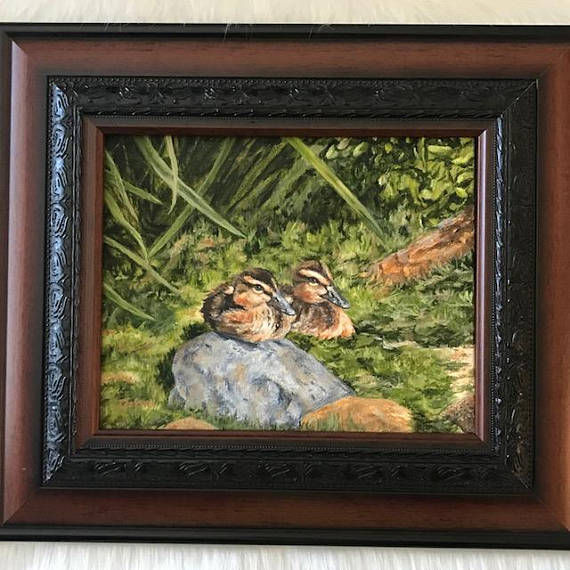 Thumbnail: Sitting Ducklings Original Oil Painting