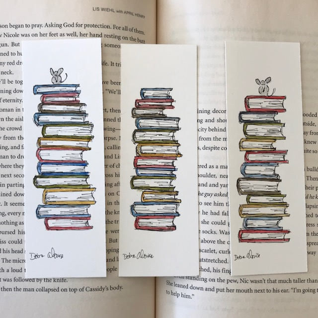 Stack of Books Choose Mouse Book Worm Apple Watercolor Bookmark Art Original