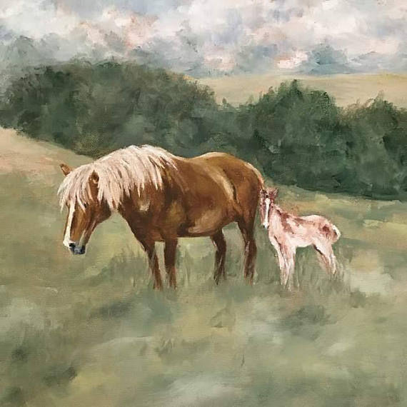 Thumbnail: Mare and Foal Original Oil Painting