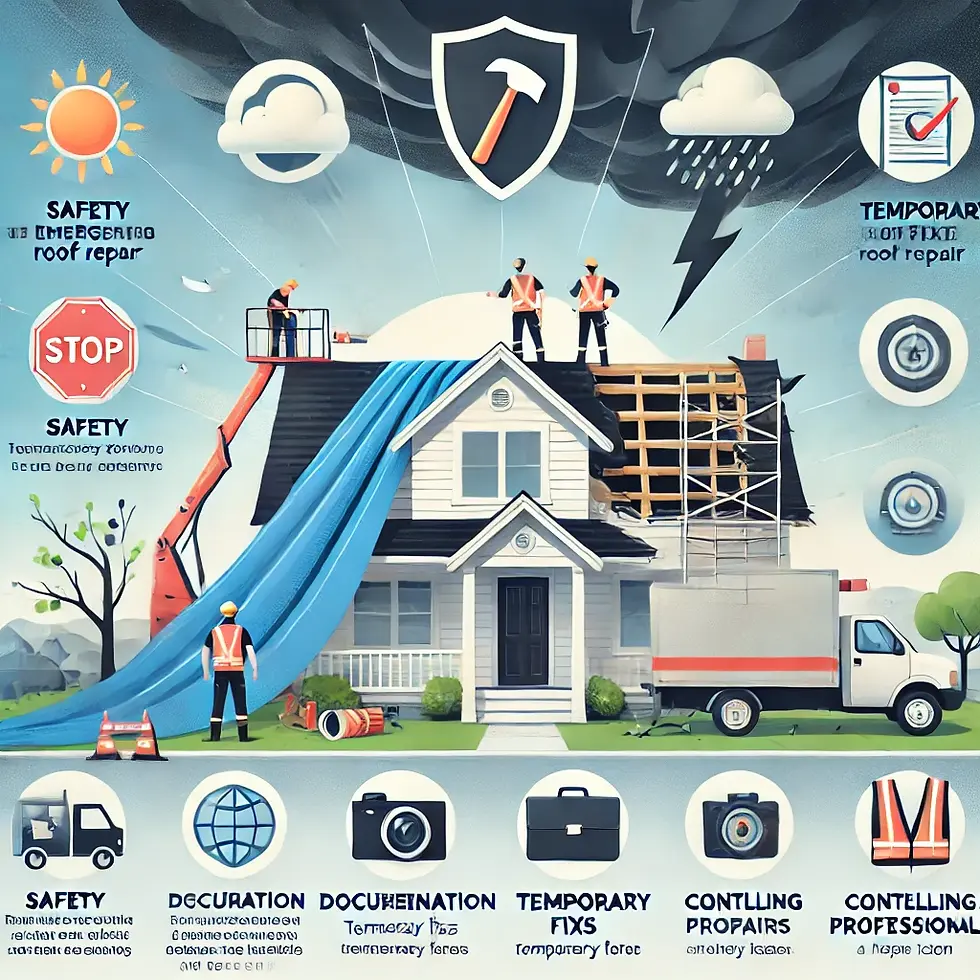 Construction workers repair a house roof under stormy sky. Safety gear, tarp, and scaffold visible. Text on safety and temporary fixes shown.