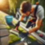 Man cleaning moss from rooftop with brush, soap suds visible. Wearing gloves and safety harness. Greenery in background. Sunny day.