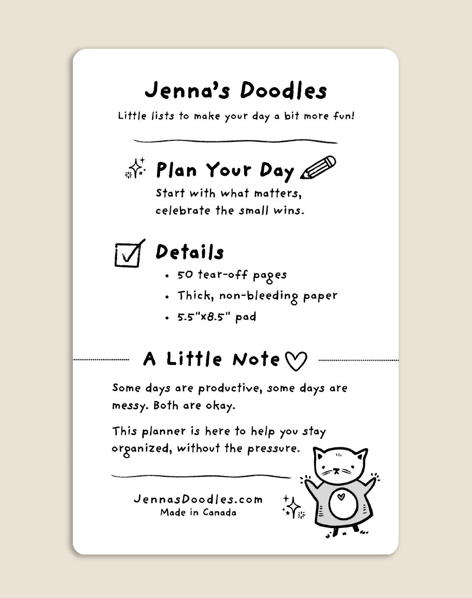 Thumbnail: Cute cat daily planner notepad with task list and notes sections on a neutral desk.