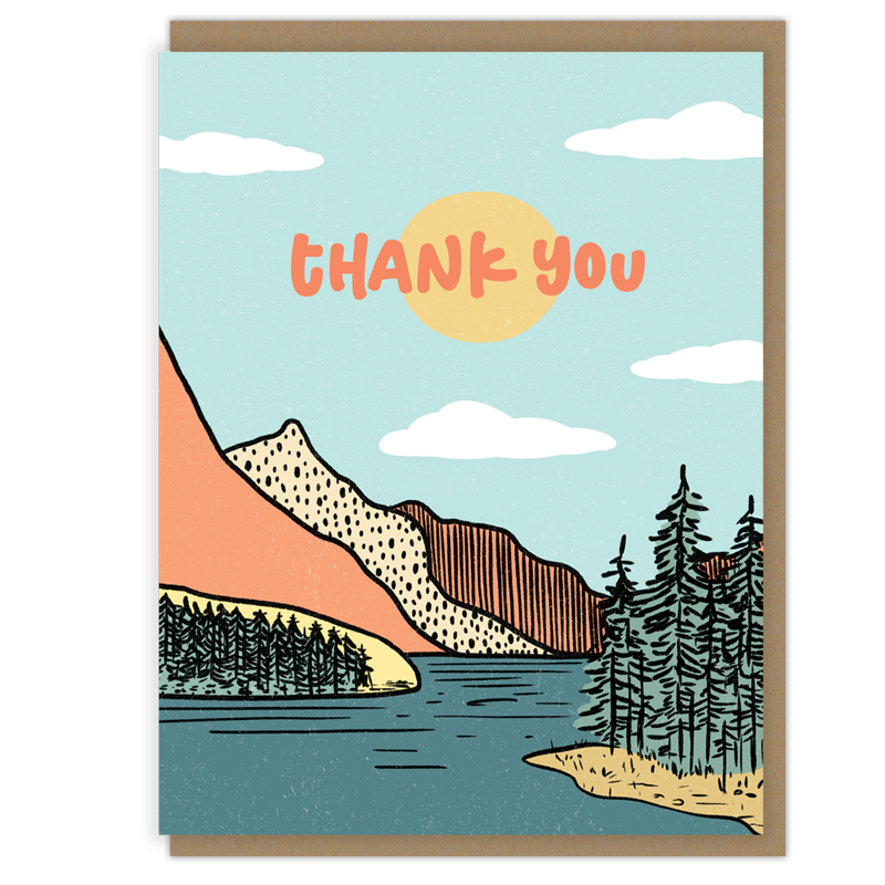 Thank you card featuring a peaceful mountain lake landscape with pine trees, soft clouds, and a warm sun in a cozy illustrate