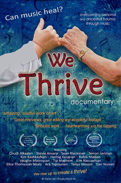 WE THRIVE documentary poster with two hands linking pinkes or little fingers
