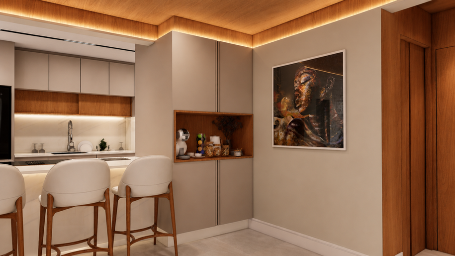 Cantinho do café planejado para apartamento, com espaço dedicado à rotina dos moradores no Condomínio Unique Green.