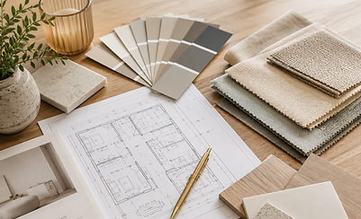 Amostras de tecidos, madeira, paleta de cores e plantas para consultoria de interiores e decoração personalizada em Moema, com Natália Assis Arquitetura e Interiores.