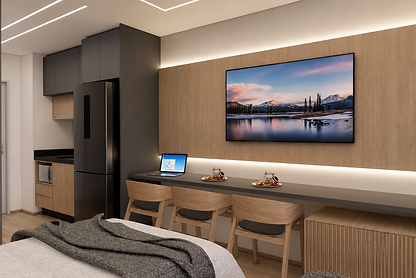Proposta de estúdio com painel de TV e cozinha integrada, com mobiliário planejado para locação por temporada no Today Faria Lima.