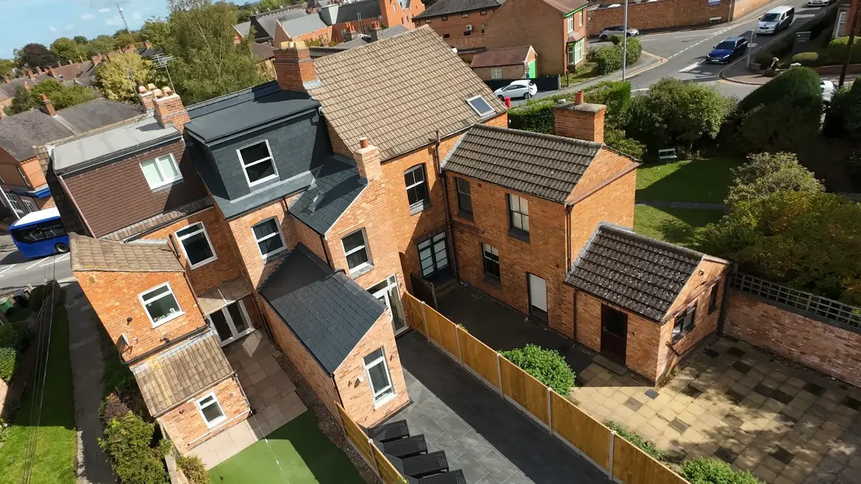 Aerial photo of luxury student house in Loughborough with sleek, spacious outdoor area.