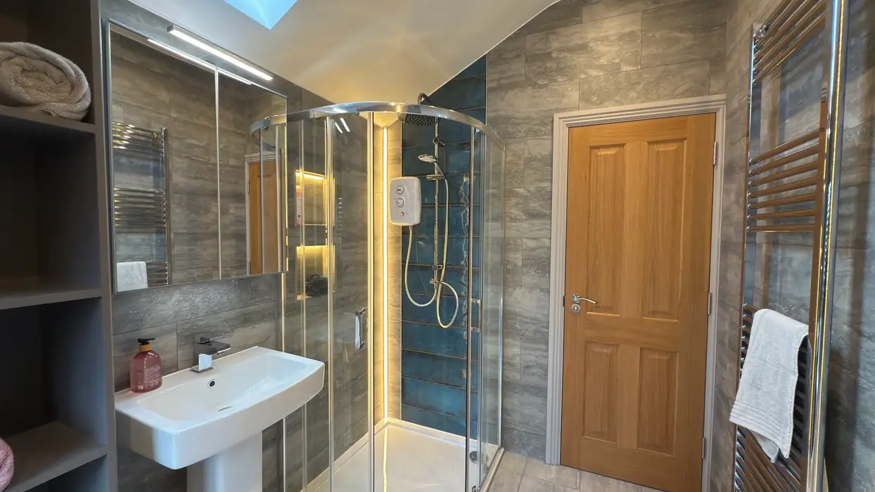 Clean, modern shower room with LED accent lighting and luxury features.
