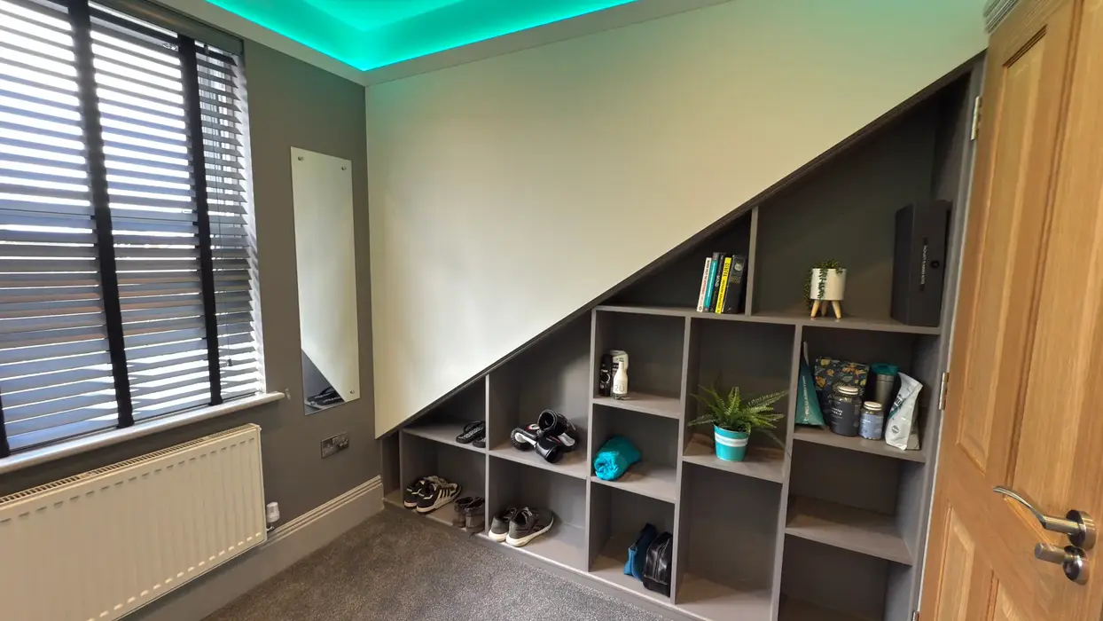 Stylish angled bedroom storage shelves.