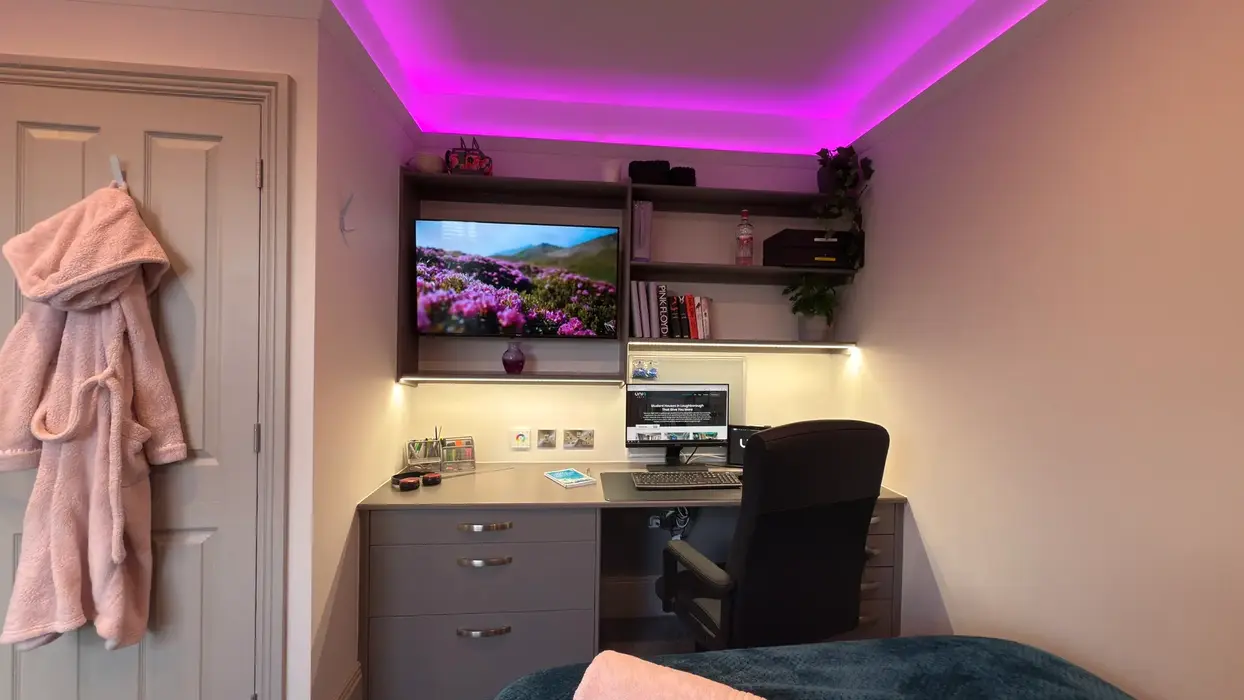 Contemporary bedroom with workspace and smart storage in Loughborough student house