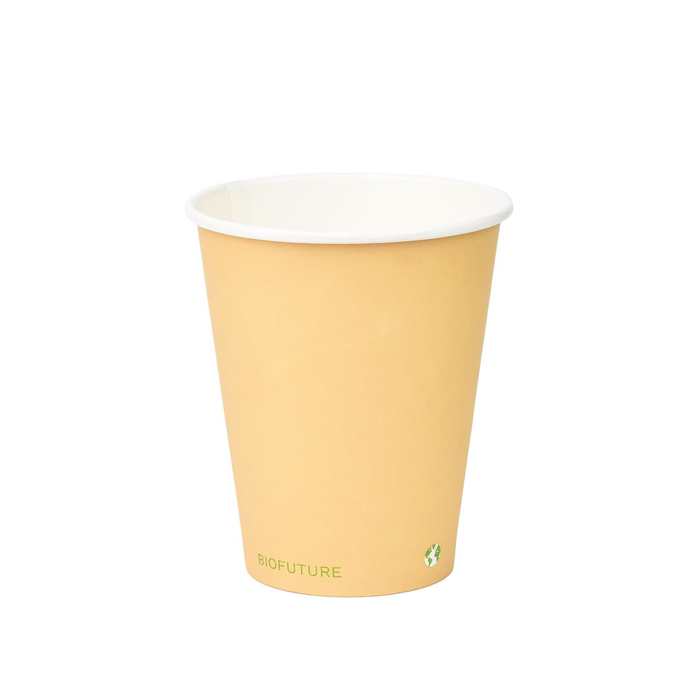 8oz beige compostable paper cup on a white background