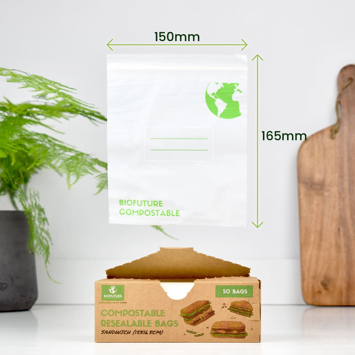 Resealable sandwich bag rising from box showing bag dimensions