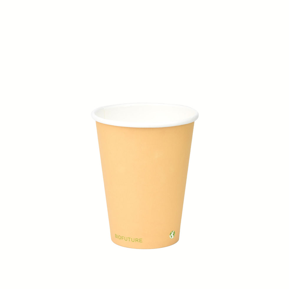 12oz beige compostable paper cup on a white background