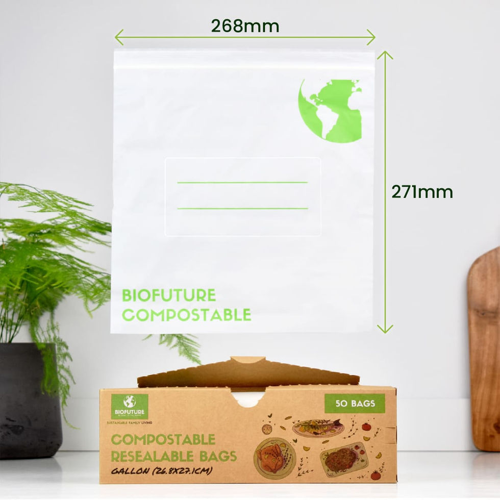 Resealable food bag rising from a box showing bag dimensions