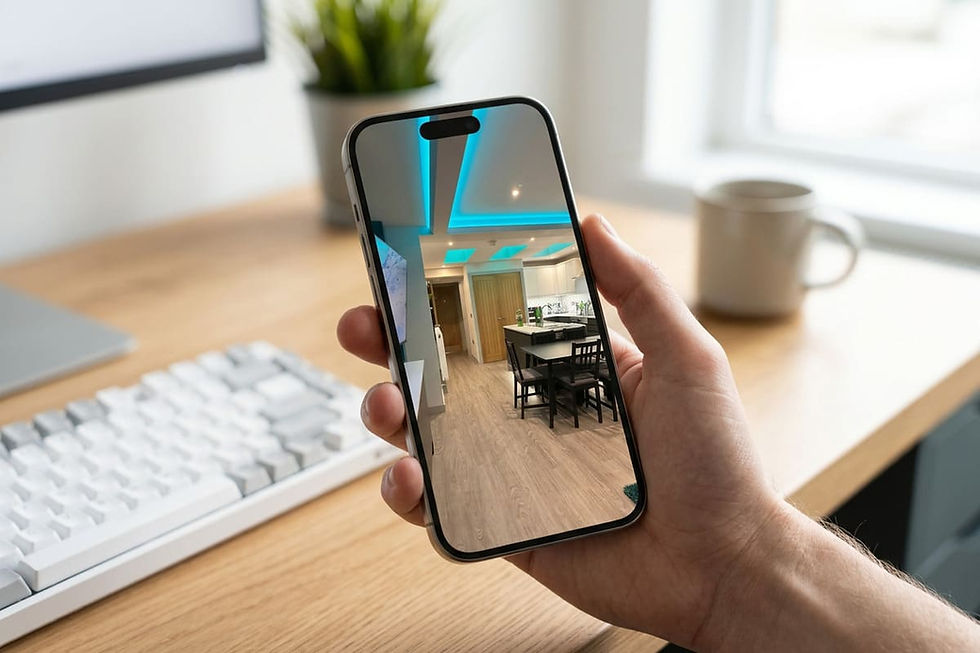 Close-up of a student viewing a virtual property walkthrough tour of a luxury student house in Loughborough on a mobile phone.