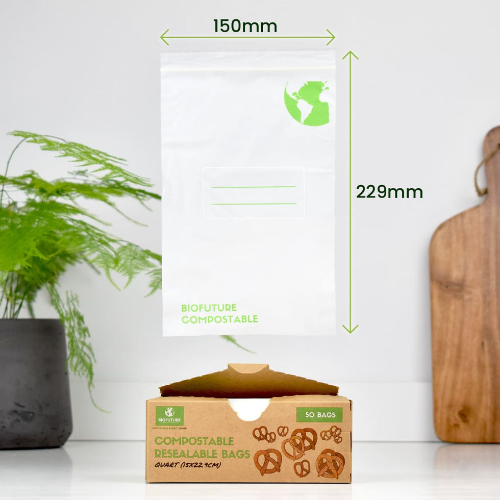 Resealable food storage bag rising from box showing bag dimensions