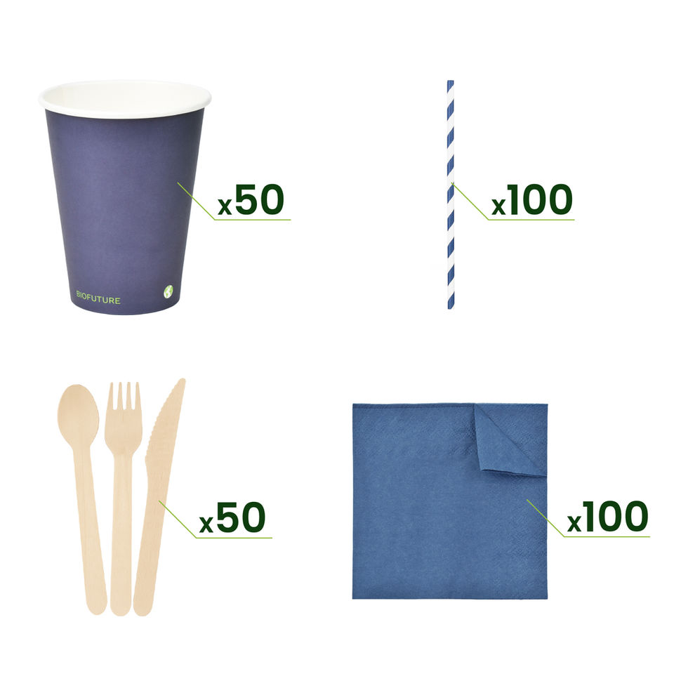 Blue compostable party supplies with quantities