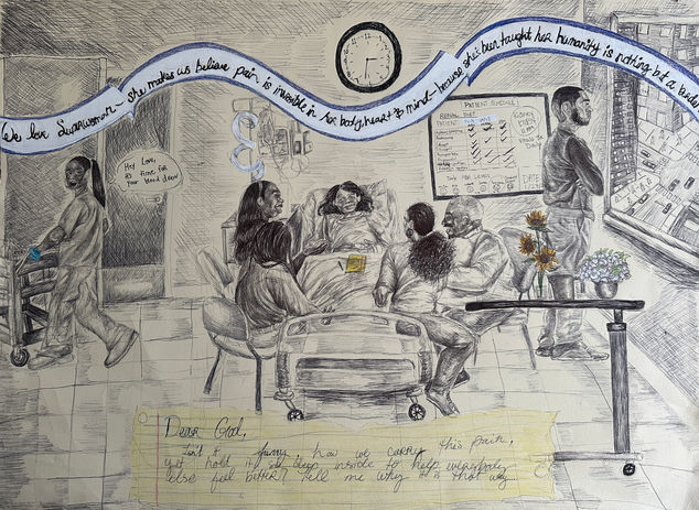 Black-and-white drawing of a Black woman slouched in exhaustion, surrounded by handwritten text and fragmented objects.