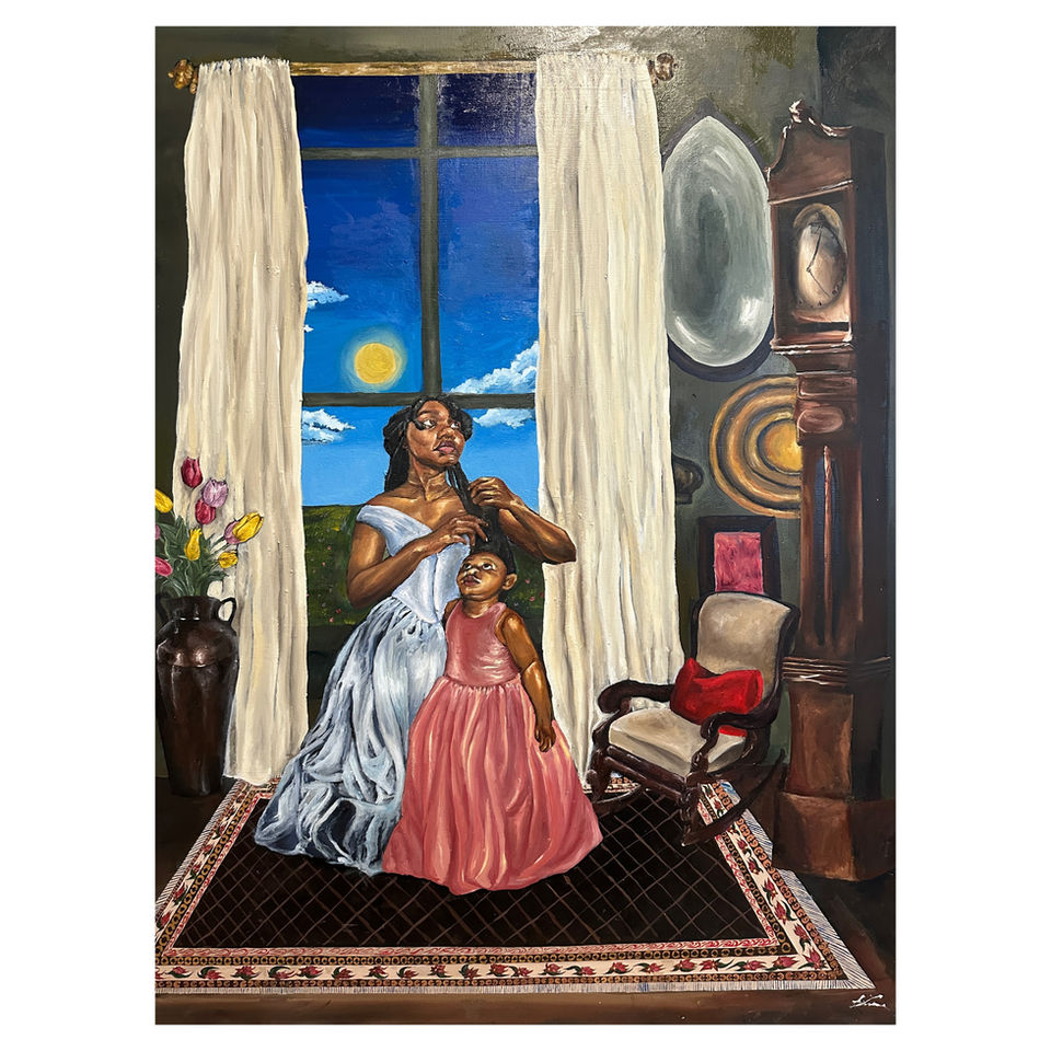 A Black girl in a surreal pink-and-blue garden, surrounded by clocks, ribbons, and a glowing portal.