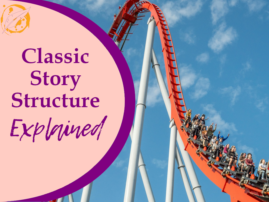 Text reads: Classic Story Structure Explained. Beside the title, we look up at a roller coaster with a steep drop. A train of people is nearing the bottom, many with their hands in the air.