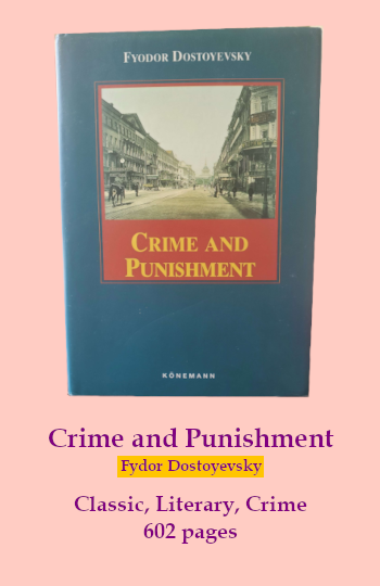 the cover of Crime and Punishment. text reads: Crim enad Punishment. Fydor Dostoyevski. Classic, literary, crime. 602 pages.