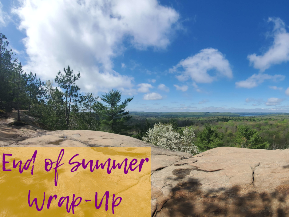 Text reads: End of Summer Wrap-up.
Looking out over the tops of trees from a smooth rock ledge. Fluffy white clouds hang in a blue sky.