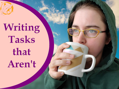 Jerrica sips from a mug staring off into the distance. A blue sky with sparse cloud behind her. Text reads: Writing tasks that aren't.