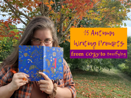 Jerrica peeks out from behind a notbook. She sits in front of a tree with changing leaves. Text reads: 15 Autumn Writing Prompts from cozy to terrifying.