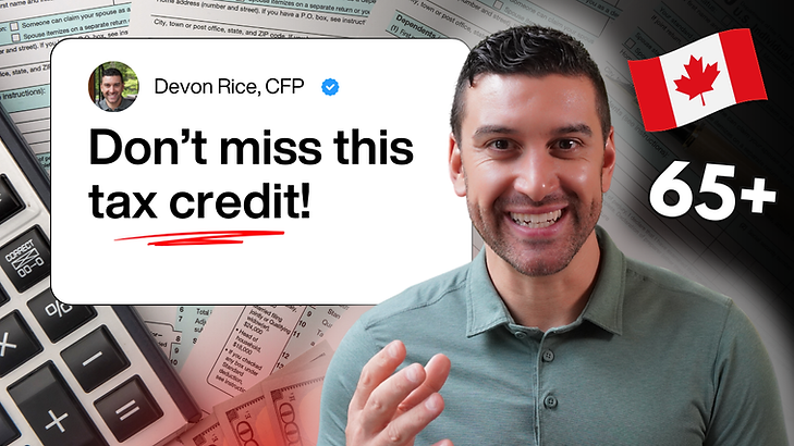 Smiling financial advisor next to text “Don’t miss this tax credit!” with Canadian flag and “65+,” set against a background of tax forms and a calculator, promoting a senior home accessibility tax credit.