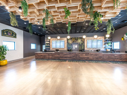 Symmetrical view of a custom-designed retail floor with architectural ceiling elements.