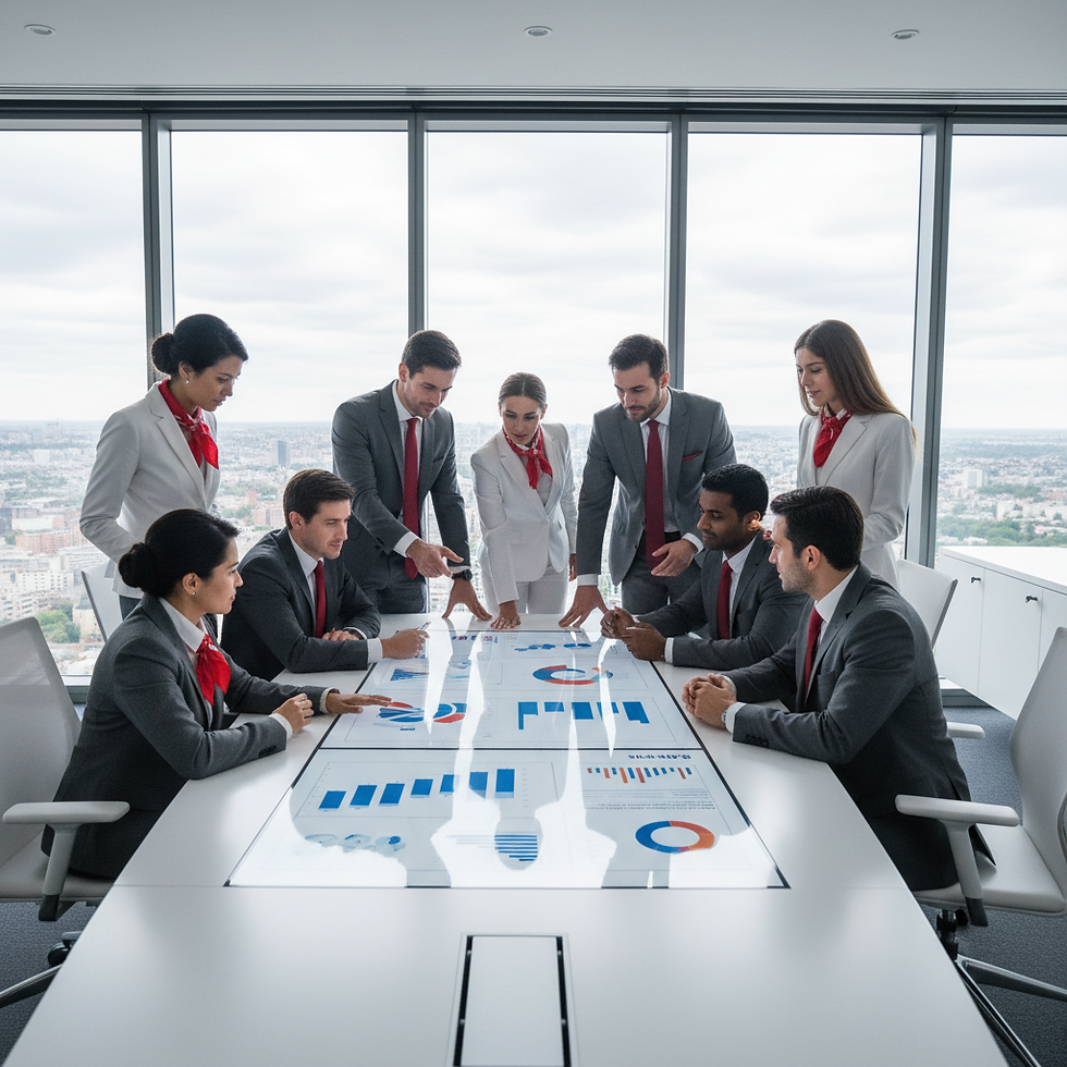 Professional strategy consulting team discussing market growth in a modern office setup.