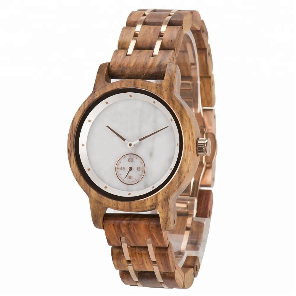 Stainless Steel Band Marble Dial Wooden Watch from EcVendor