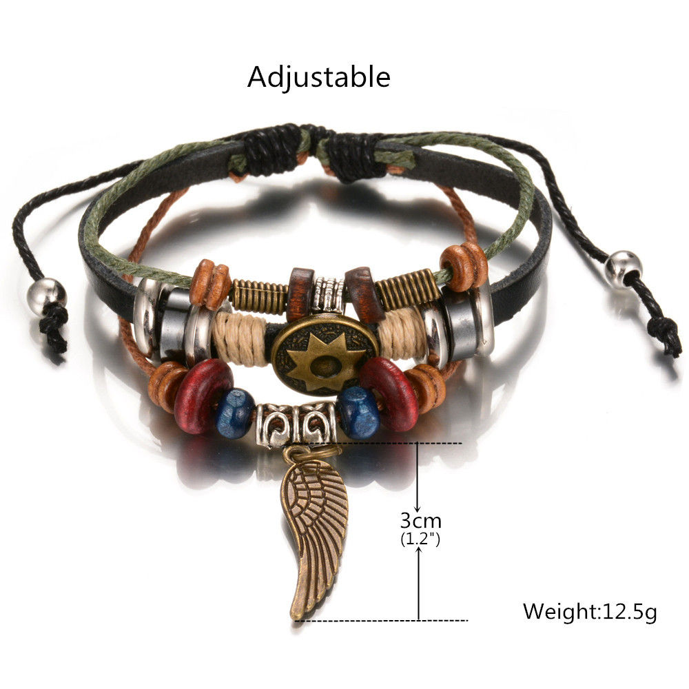 wholesale 10pcs Punk retro alloy wings, leather bracelets, colored wood beads