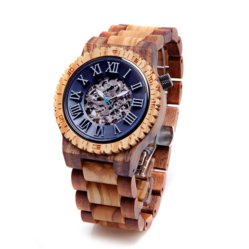New Mechanical Round Men's Skeleton Wood Watch by EcVendor