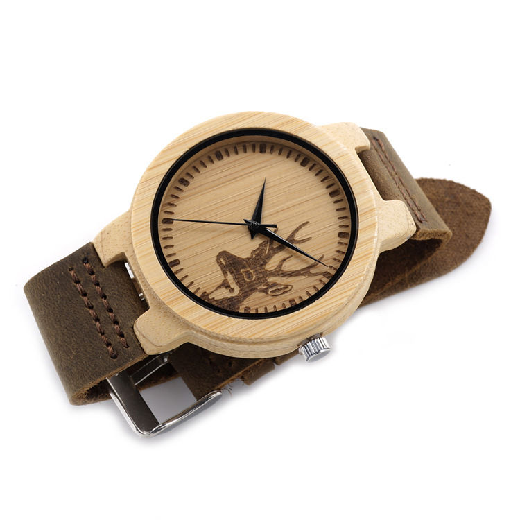 Thumbnail: Deer Head Bamboo Wooden Watch Casual Wood Quartz Leather band EcVendor