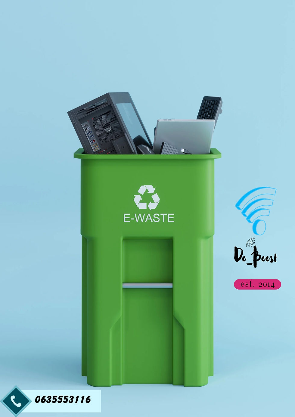 a green plasic trash bin full of electronic waste