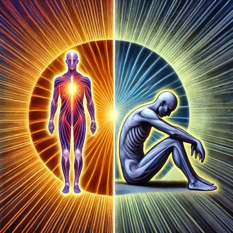 DALL·E 2025-01-18 11.26.48 - A conceptual illustration featuring a human figure represented twice_ one near the vibrant central point full of energy and in perfect form with a g