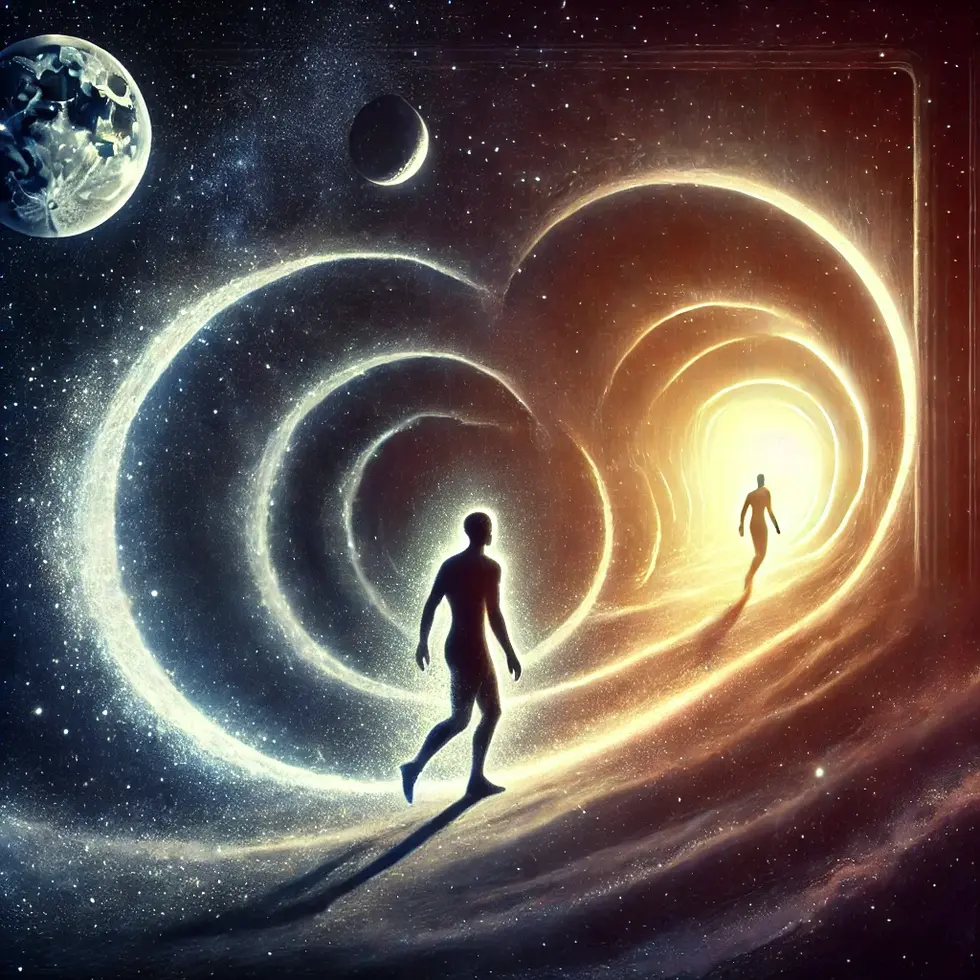 DALL·E 2025-01-08 22.09.54 - An artistic depiction of a human figure transitioning from darkness to light in a continuous infinite loop, symbolizing the journey of life. The scene - Copie