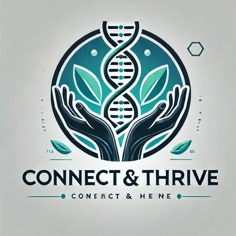 DALL·E 2025-02-02 14.19.03 - A sleek and refined DNA helix with two hands gently protecting it, incorporating the text 'Connect & Thrive' in a modern and elegant font. The backgro