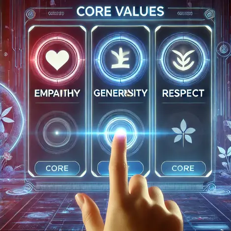 DALL·E 2025-02-02 14.15.19 - A futuristic mobile game interface displaying core values like empathy, generosity, and respect. The screen is vibrant with a sleek, minimalistic desi